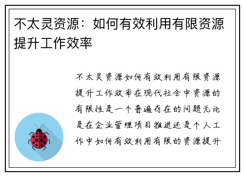 不太灵资源：如何有效利用有限资源提升工作效率